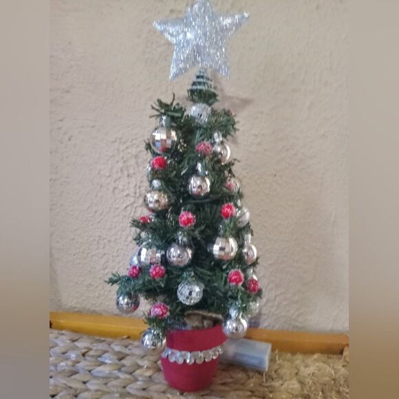 Hand Crafted Other - 16" Predecorated Prelit Artificial Xmas Tree. Silver glass/mirror ornaments.